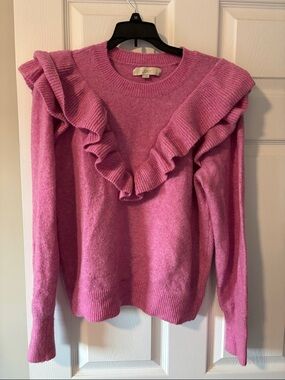 LOFT Raspberry Pink Ruffle-Trim Crewneck Sweater